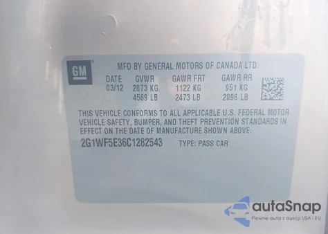 2012 Chevrolet Impala Ls z USA, uszkodzony, nr VIN 2G1WF5E36C1282543